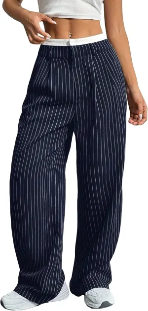 LKOUS Dress Pants Women High Waist,Casual Work Wide Leg Pant Striped Straight Trousers with Pockets
