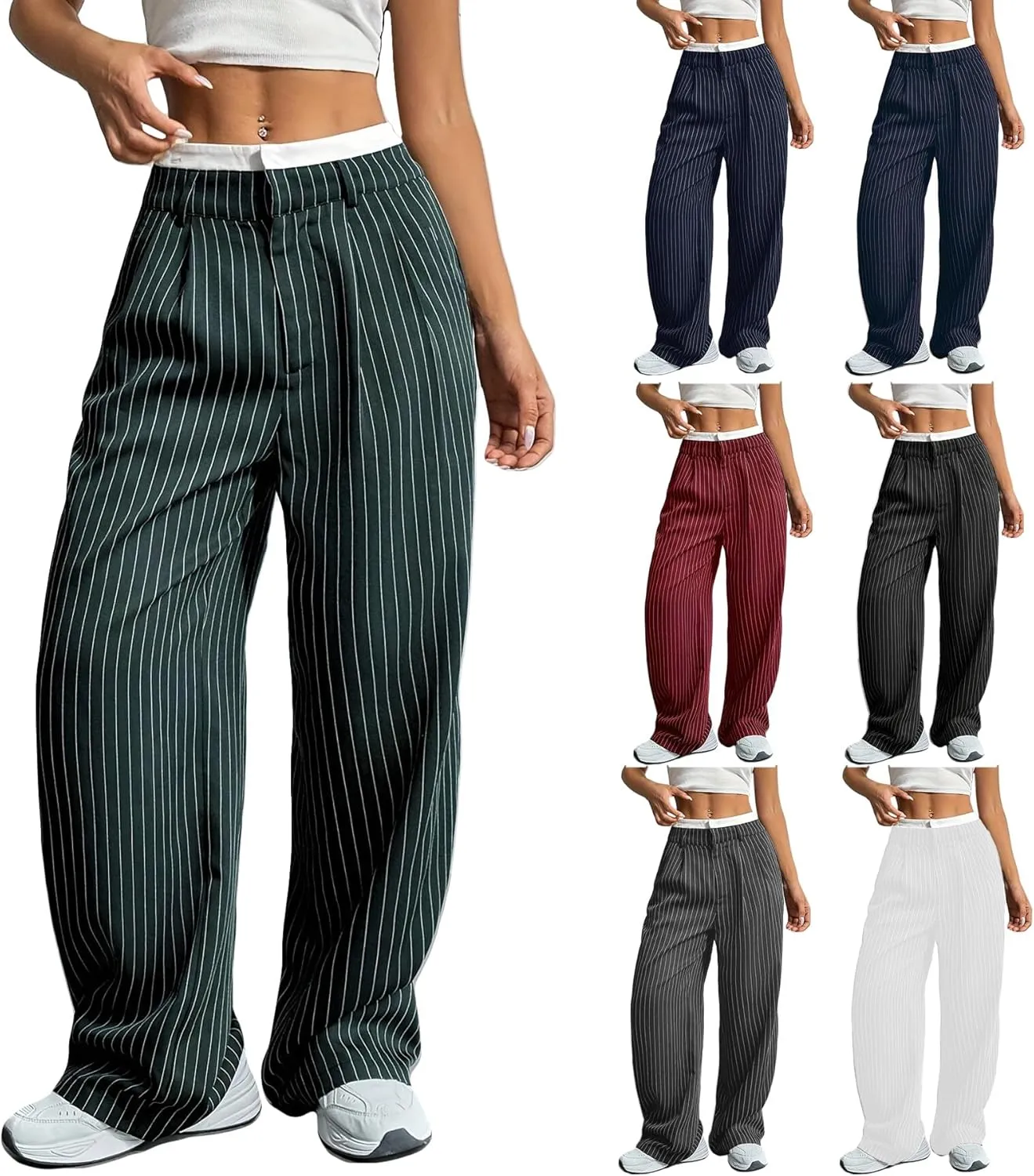 LKOUS Dress Pants Women High Waist,Casual Work Wide Leg Pant Striped Straight Trousers with Pockets