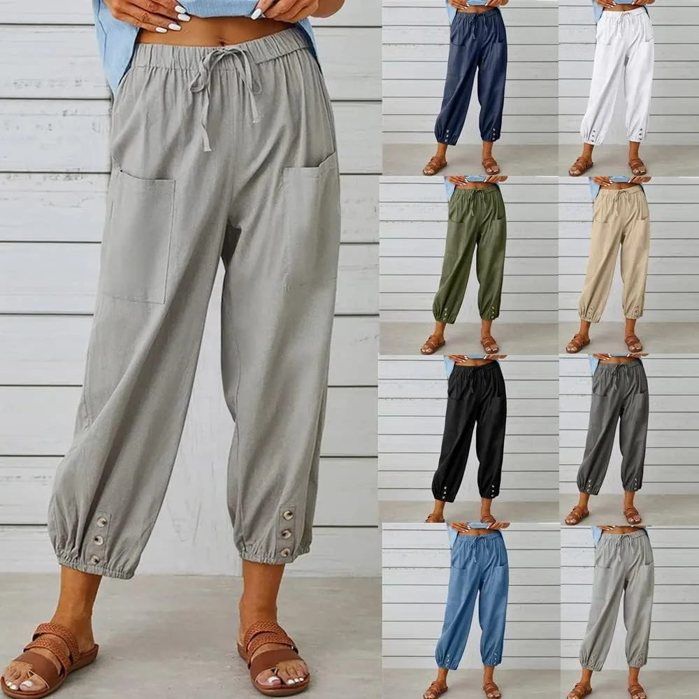 LOAIHA Linen Capri Pants for Women Casual High Waist Drawstring Elastic Button Bottom Boho Floral Loose Trouser with Pockets