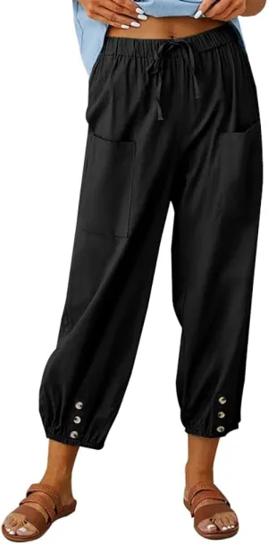 LOAIHA Linen Capri Pants for Women Casual High Waist Drawstring Elastic Button Bottom Boho Floral Loose Trouser with Pockets