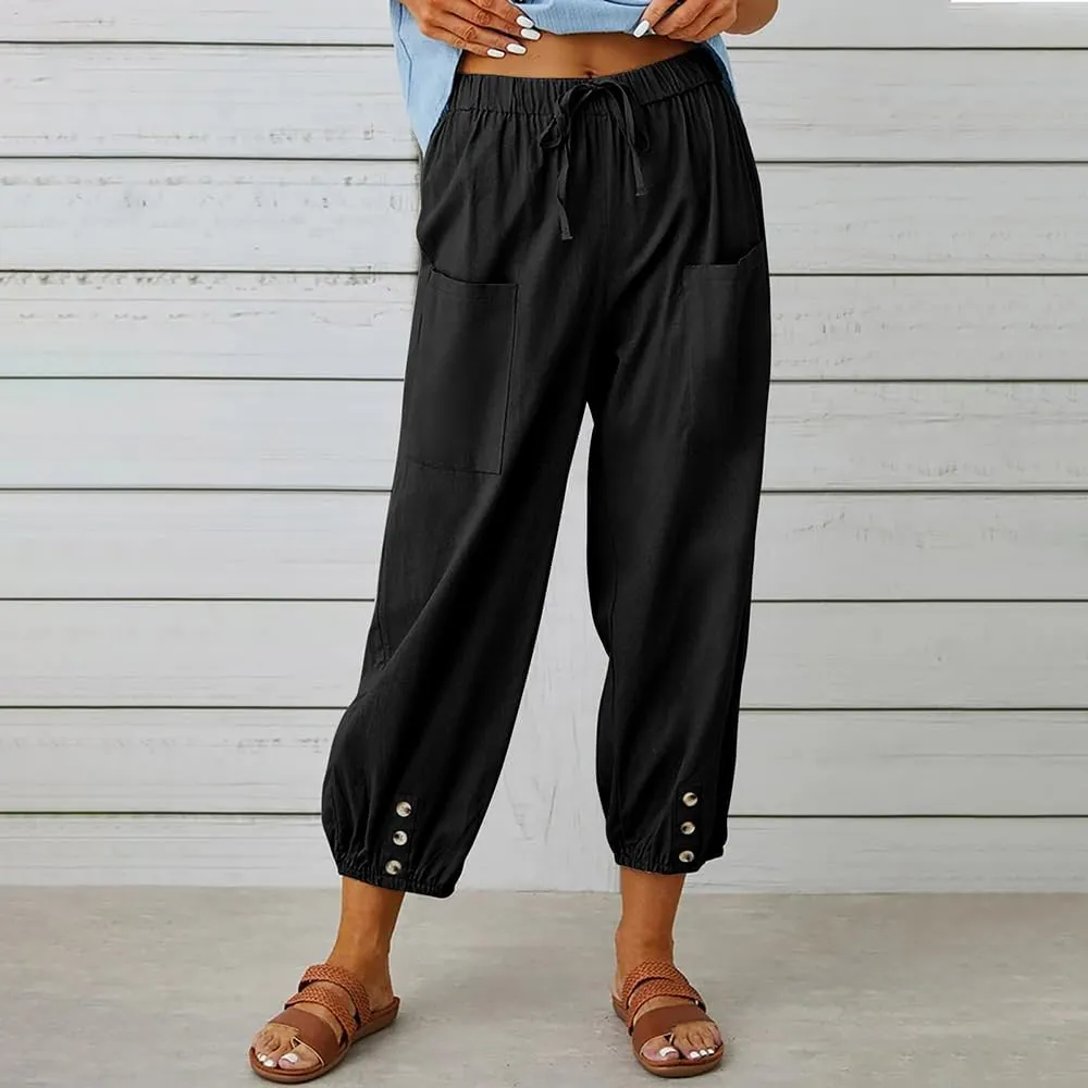 LOAIHA Linen Capri Pants for Women Casual High Waist Drawstring Elastic Button Bottom Boho Floral Loose Trouser with Pockets