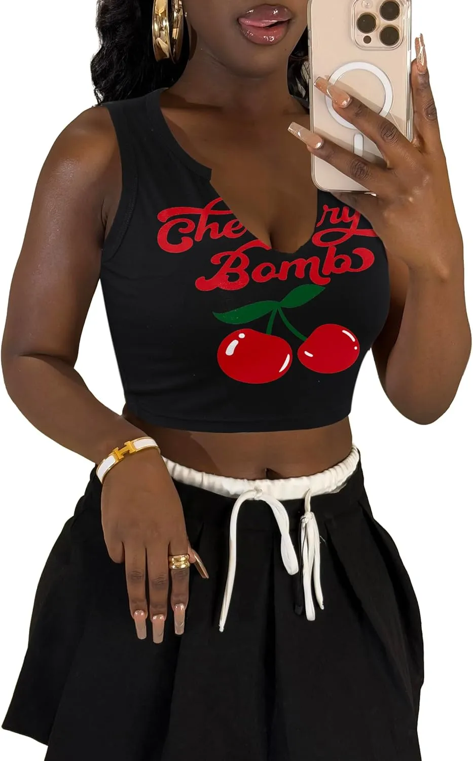 LovelyWholesale Graphic Crop Tank Tops for Women Sexy Summer V Neck Tank Tops