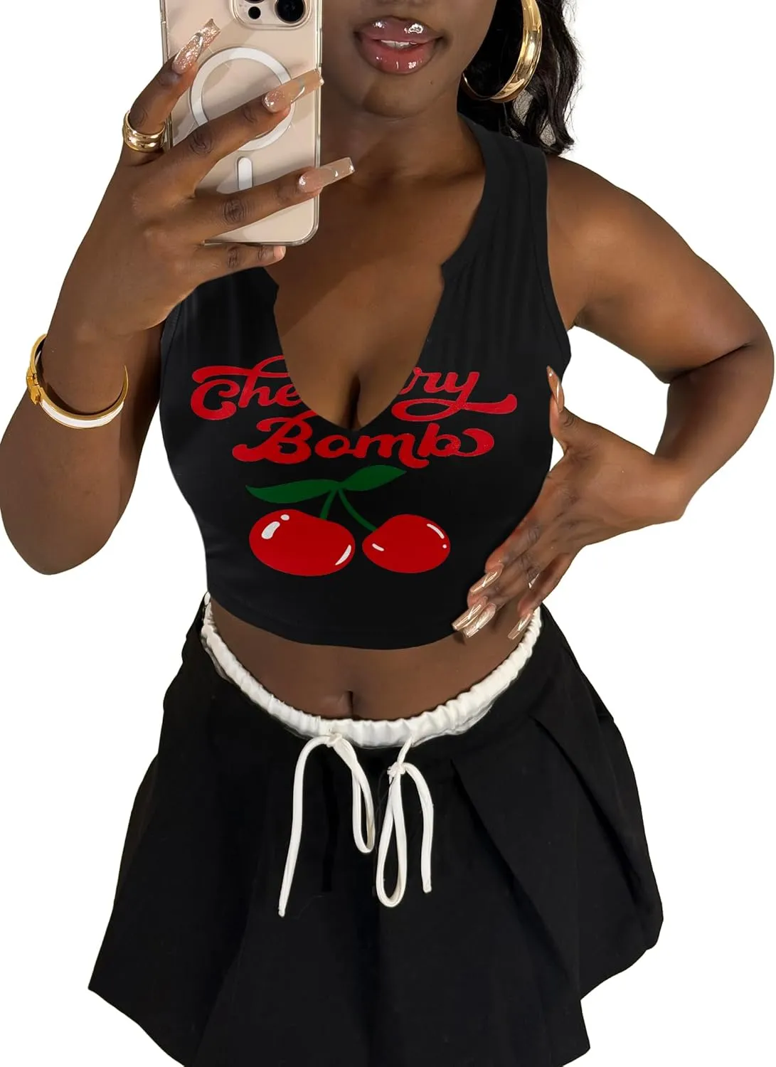 LovelyWholesale Graphic Crop Tank Tops for Women Sexy Summer V Neck Tank Tops