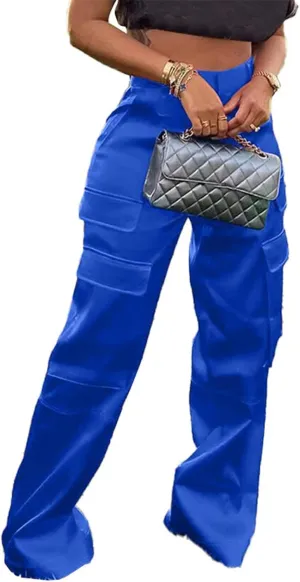 Lucuna Women's Satin Cargo Pants Y2K High Waisted Multi-Pocket Straight Leg Baggy Casual Trousers