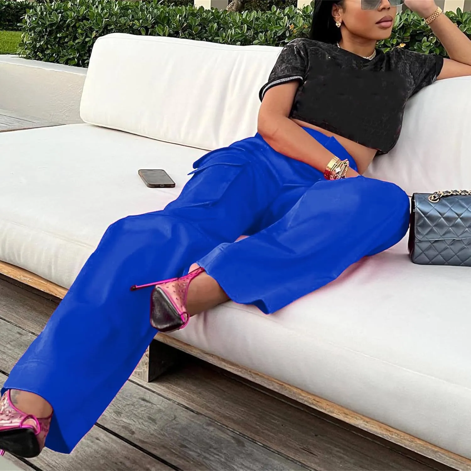 Lucuna Women's Satin Cargo Pants Y2K High Waisted Multi-Pocket Straight Leg Baggy Casual Trousers