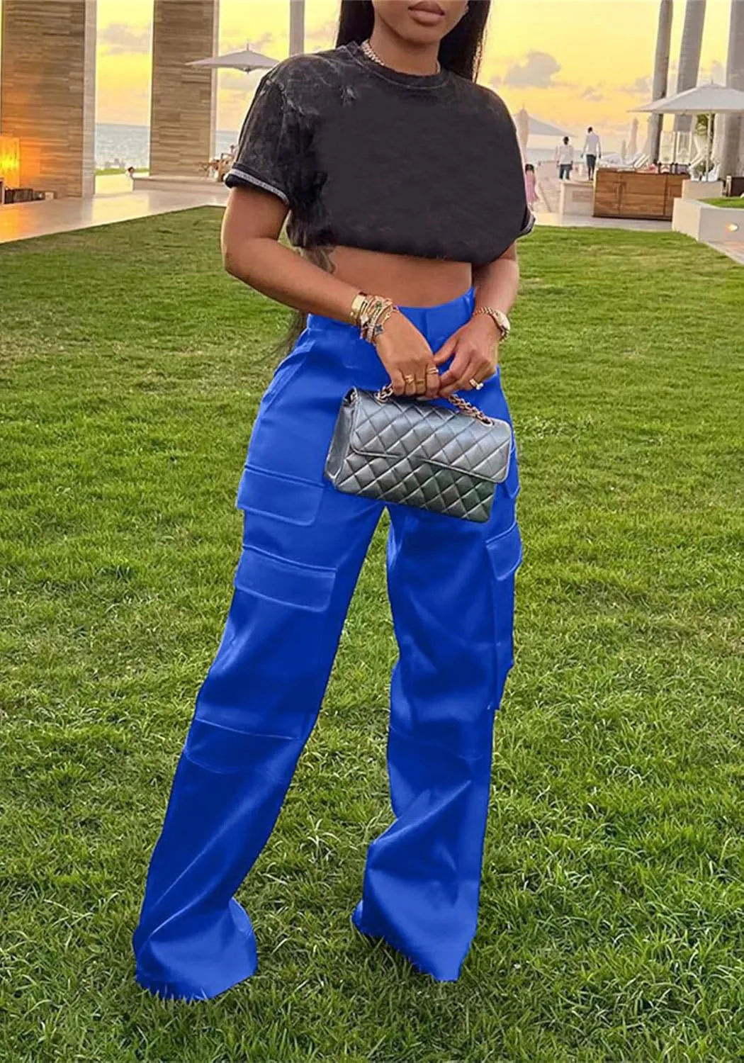 Lucuna Women's Satin Cargo Pants Y2K High Waisted Multi-Pocket Straight Leg Baggy Casual Trousers