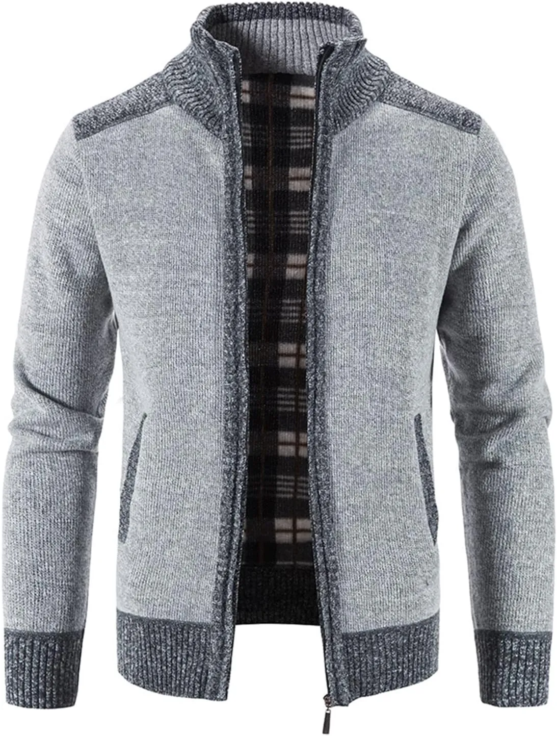 Lu's Chic Men's Long Sleeve Cardigan Sweater Thermal Slim Fit Full Zip Quilted Jacket Business Casual Knit Coats Pocket