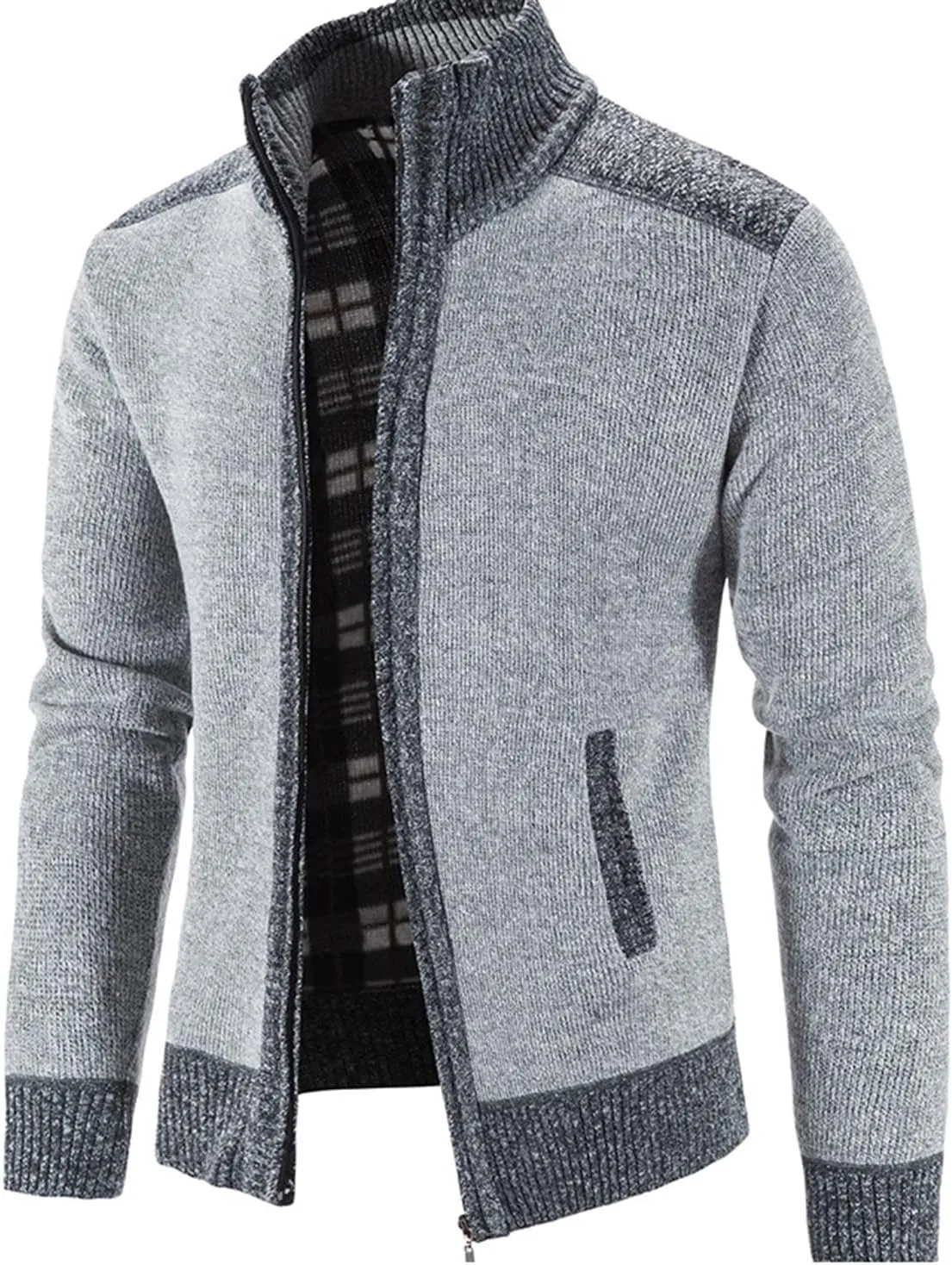 Lu's Chic Men's Long Sleeve Cardigan Sweater Thermal Slim Fit Full Zip Quilted Jacket Business Casual Knit Coats Pocket