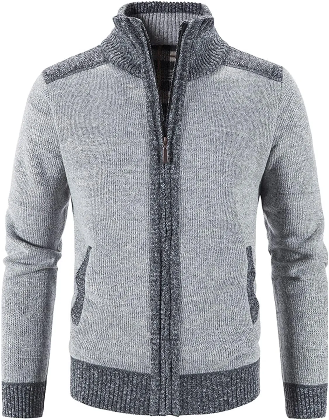 Lu's Chic Men's Long Sleeve Cardigan Sweater Thermal Slim Fit Full Zip Quilted Jacket Business Casual Knit Coats Pocket