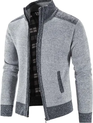 Lu's Chic Men's Long Sleeve Cardigan Sweater Thermal Slim Fit Full Zip Quilted Jacket Business Casual Knit Coats Pocket