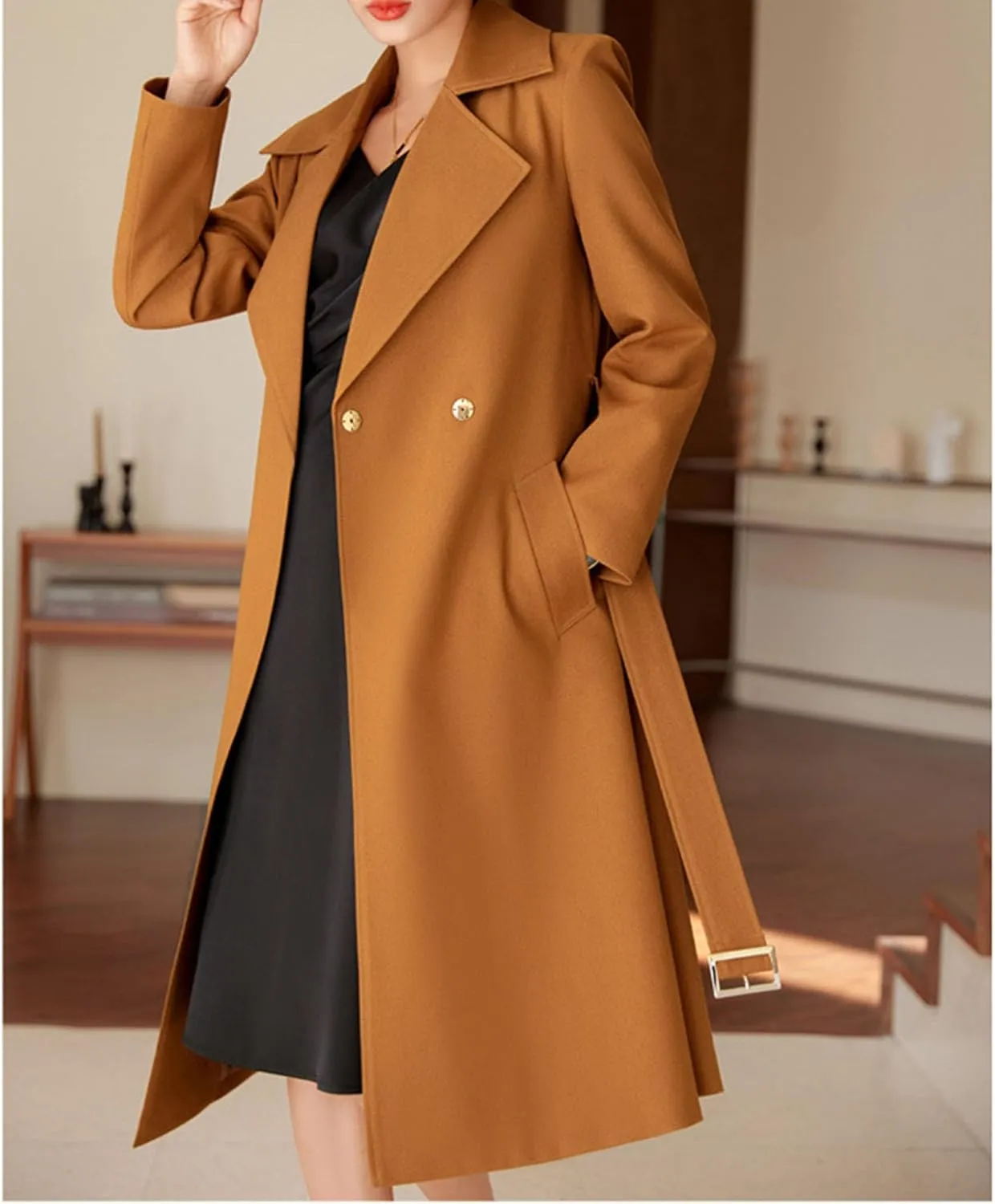 Maiyifu-GJ Women's Long Trench Coat Double Breasted Classic Lapel Overcoat Spring Fall Fashion Coats Windproof Outerwear