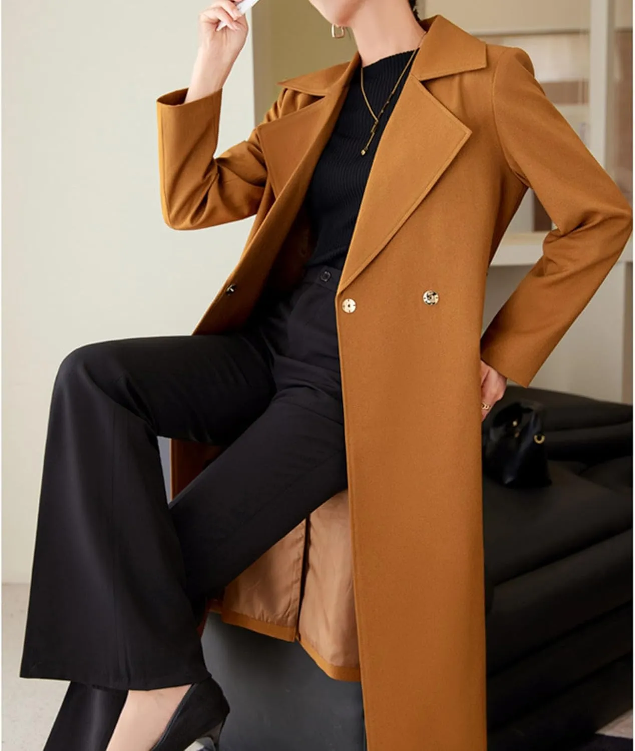 Maiyifu-GJ Women's Long Trench Coat Double Breasted Classic Lapel Overcoat Spring Fall Fashion Coats Windproof Outerwear