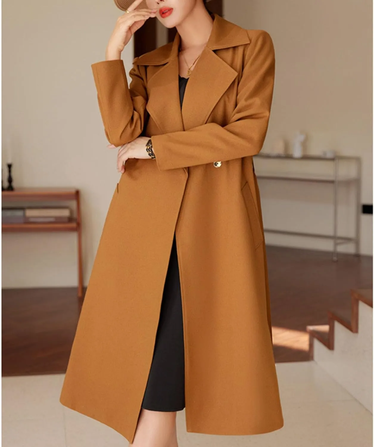 Maiyifu-GJ Women's Long Trench Coat Double Breasted Classic Lapel Overcoat Spring Fall Fashion Coats Windproof Outerwear