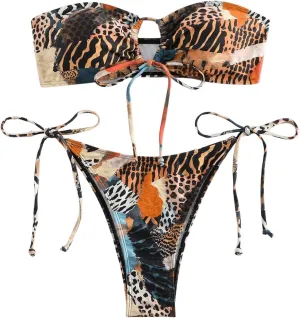 MakeMeChic Women's 2 Piece Bandeau Swimsuit Floral Cut Out Bikini Set Strapless Bathing Suits