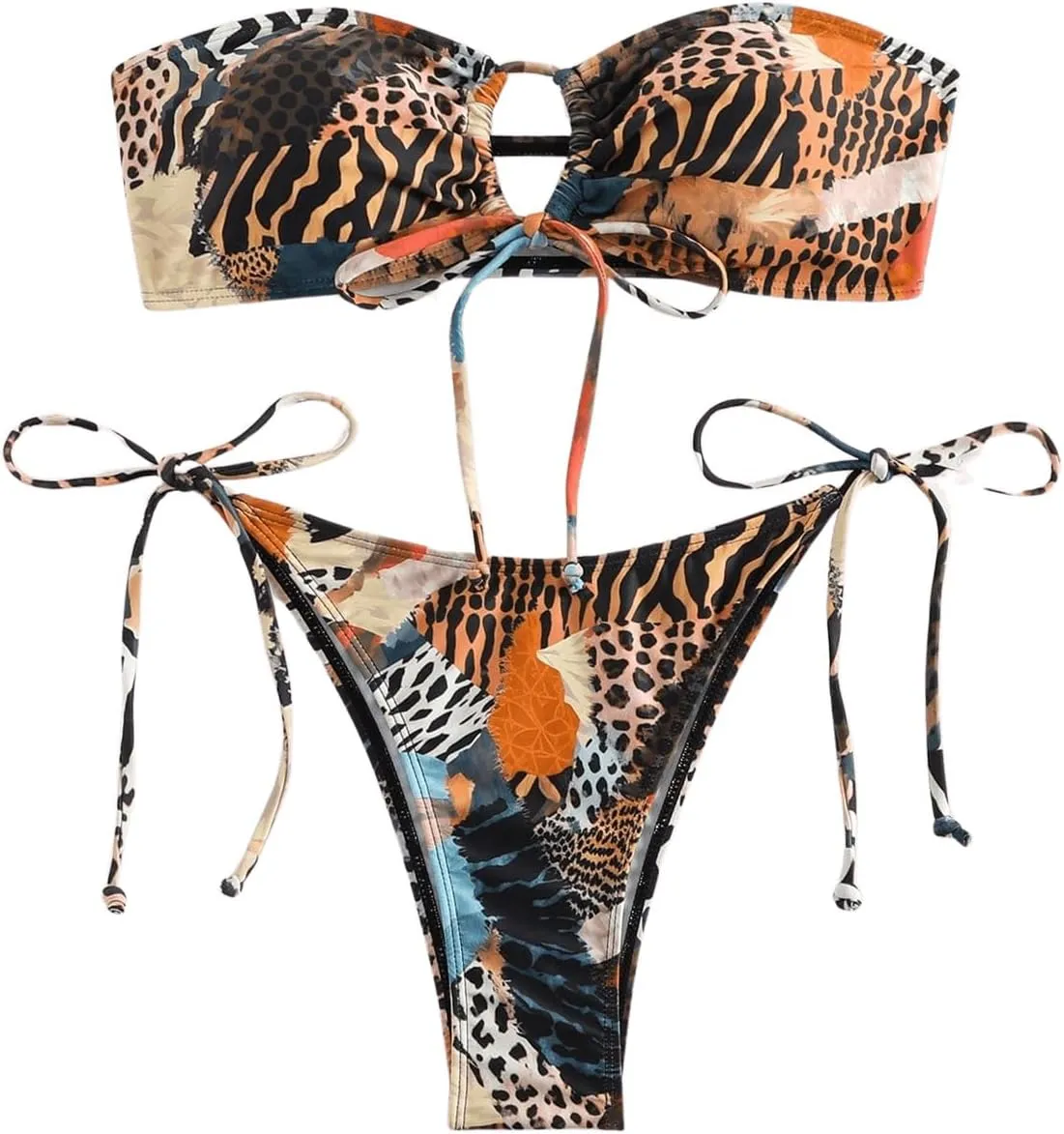 MakeMeChic Women's 2 Piece Bandeau Swimsuit Floral Cut Out Bikini Set Strapless Bathing Suits