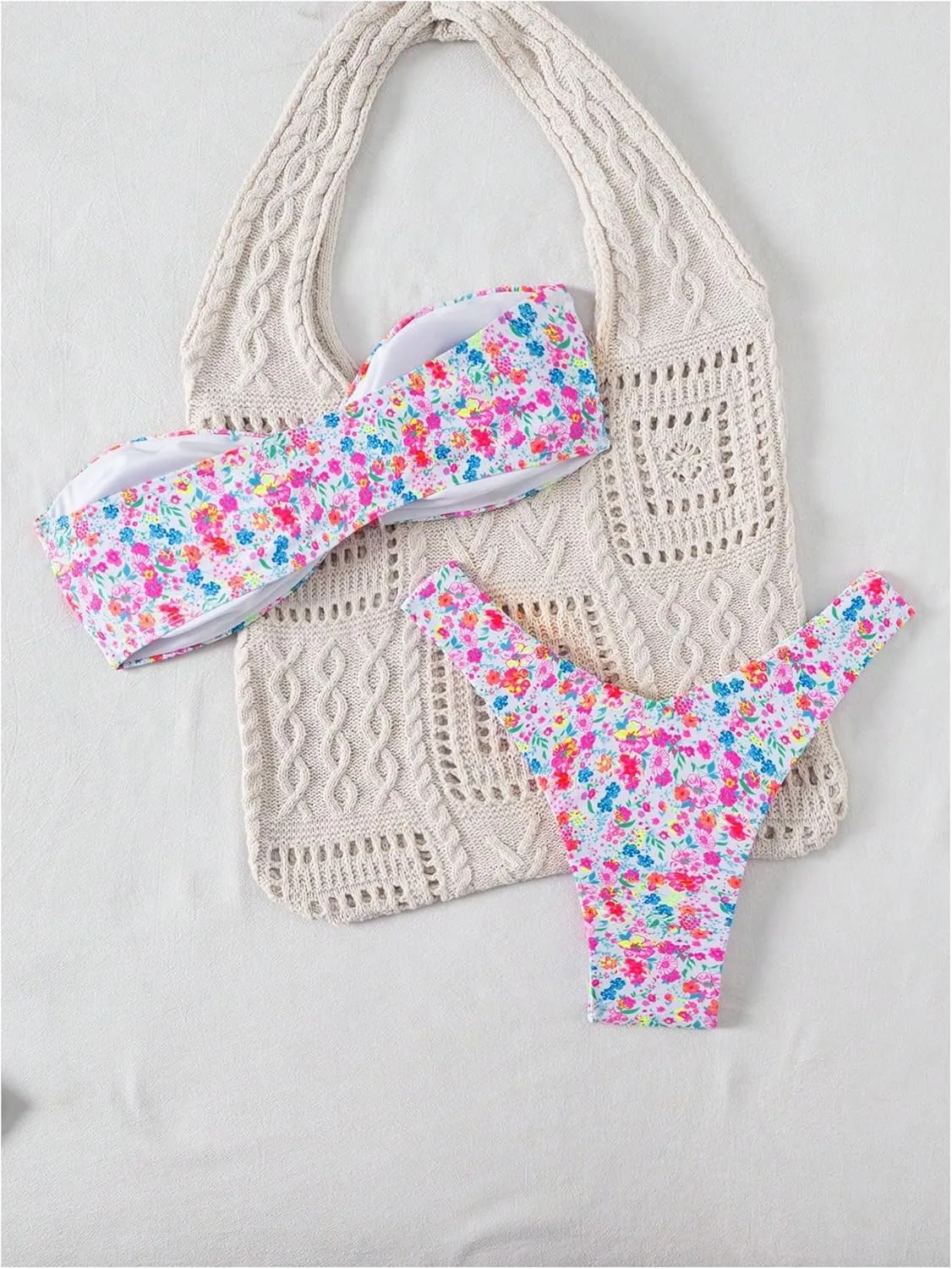 MakeMeChic Women's 2 Piece Bandeau Swimsuit Floral Cut Out Bikini Set Strapless Bathing Suits