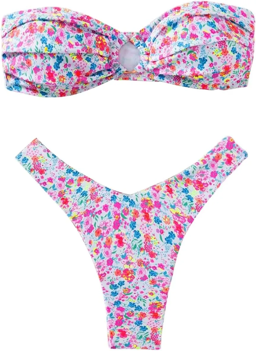 MakeMeChic Women's 2 Piece Bandeau Swimsuit Floral Cut Out Bikini Set Strapless Bathing Suits