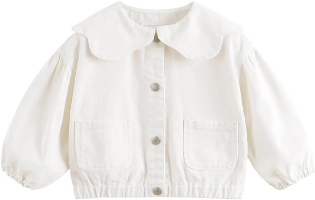 marc & janie Girls Lace Large Lapel Denim Jacket Bubble Sleeve Cotton Outerwear Kids Button Down Tops 250197