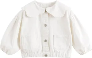 marc & janie Girls Lace Large Lapel Denim Jacket Bubble Sleeve Cotton Outerwear Kids Button Down Tops 250197