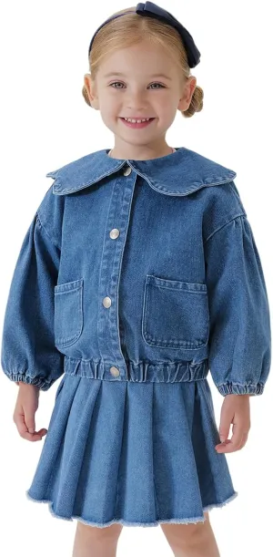 marc & janie Girls Lace Large Lapel Denim Jacket Bubble Sleeve Cotton Outerwear Kids Button Down Tops 250197