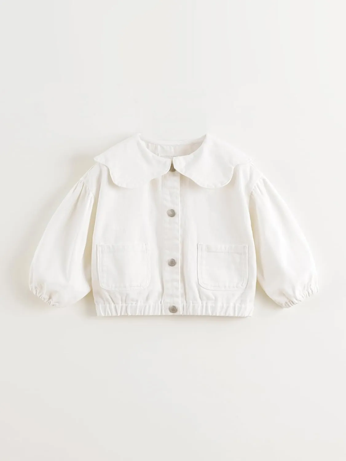marc & janie Girls Lace Large Lapel Denim Jacket Bubble Sleeve Cotton Outerwear Kids Button Down Tops 250197