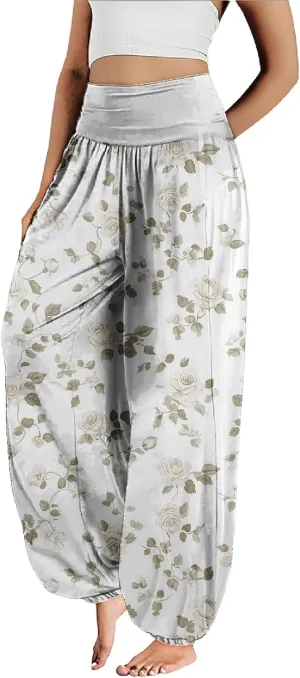 MARSVOVO Floral Pants for Women Cute Flower Print Wide Leg High Weist Plus Size Casual Pants for Women
