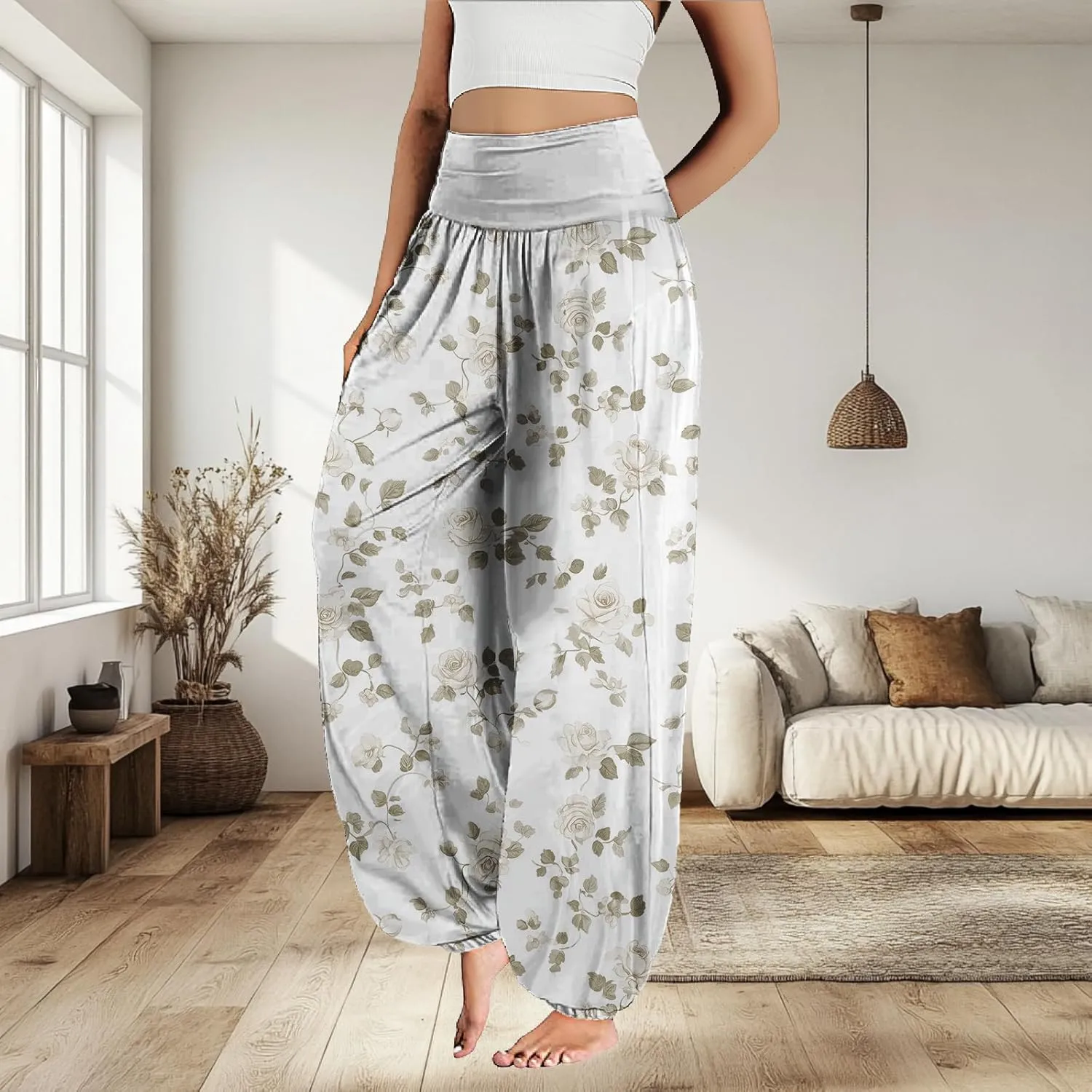 MARSVOVO Floral Pants for Women Cute Flower Print Wide Leg High Weist Plus Size Casual Pants for Women