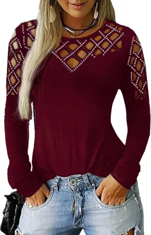 Memorose Long Sleeve Shirts for Women Crewneck Sexy Rhinestone Cut Out Tops Sparkle Blouse