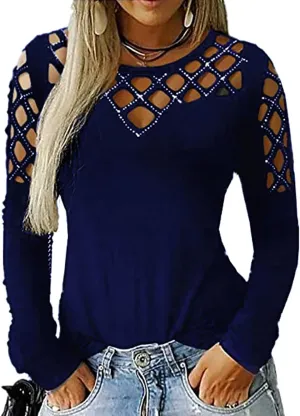 Memorose Long Sleeve Shirts for Women Crewneck Sexy Rhinestone Cut Out Tops Sparkle Blouse