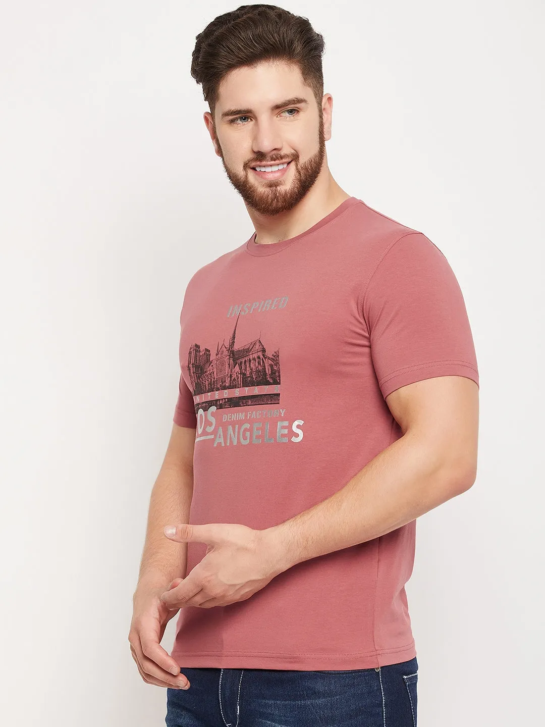 Men Dark Pink Round Neck T-Shirt