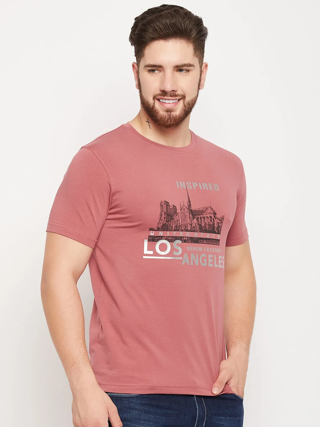 Men Dark Pink Round Neck T-Shirt