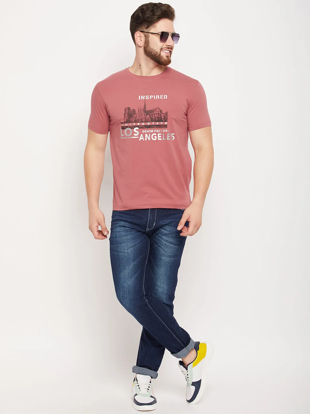 Men Dark Pink Round Neck T-Shirt
