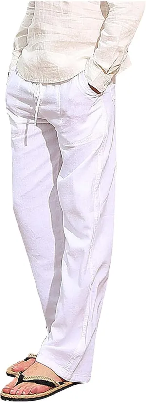 Men Fashion Cotton Linen Plus Size Casual Elastic Waist Pockets Long Pants