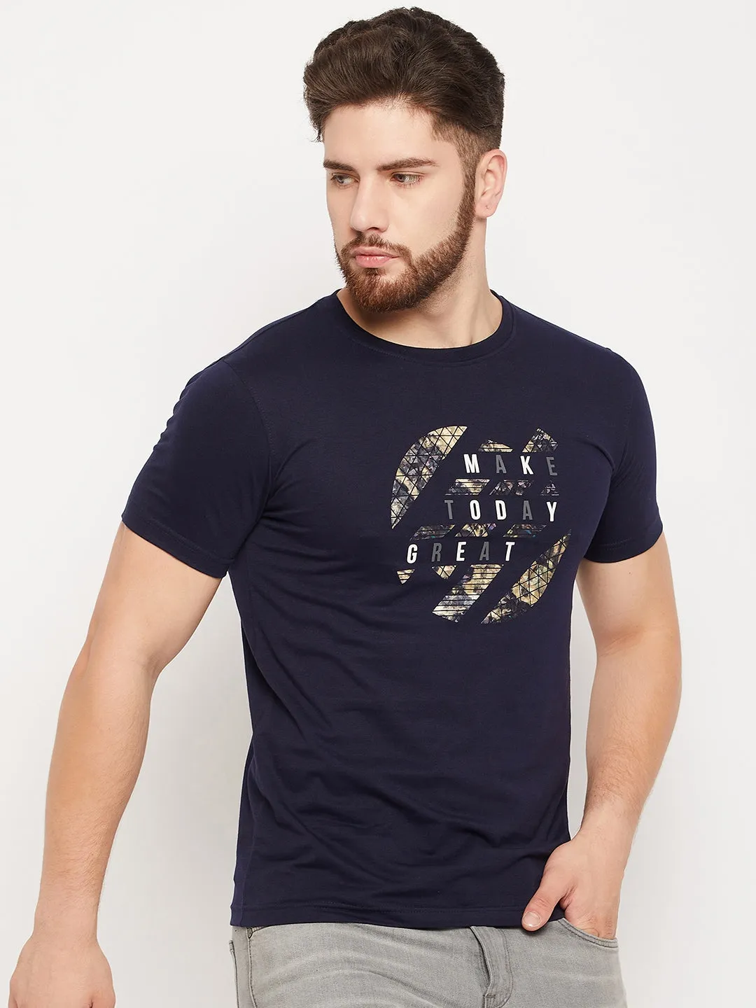Men Navy Round Neck T-Shirt