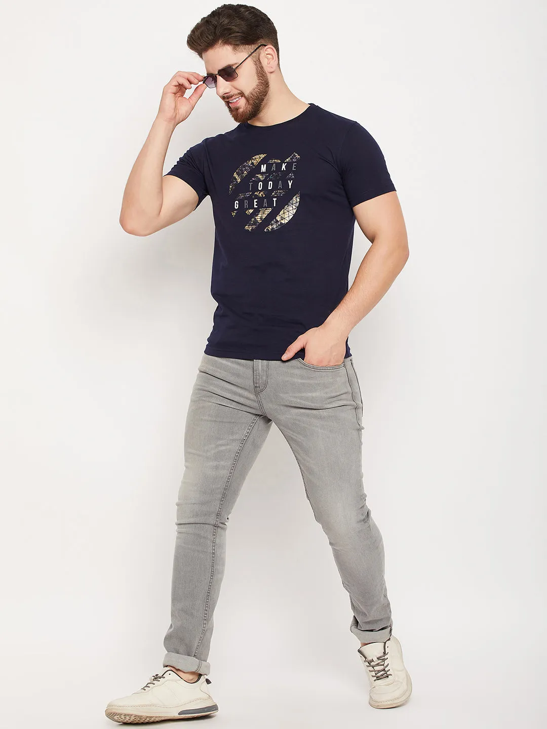 Men Navy Round Neck T-Shirt