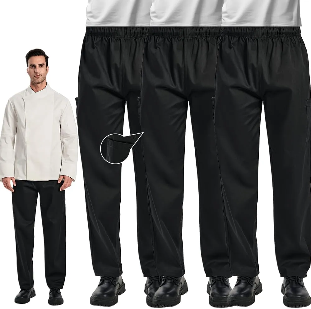 Men's 3-Pack Chef Pants - Lightweight Elastic Waist Work Pants for Kitchen & Restaurant