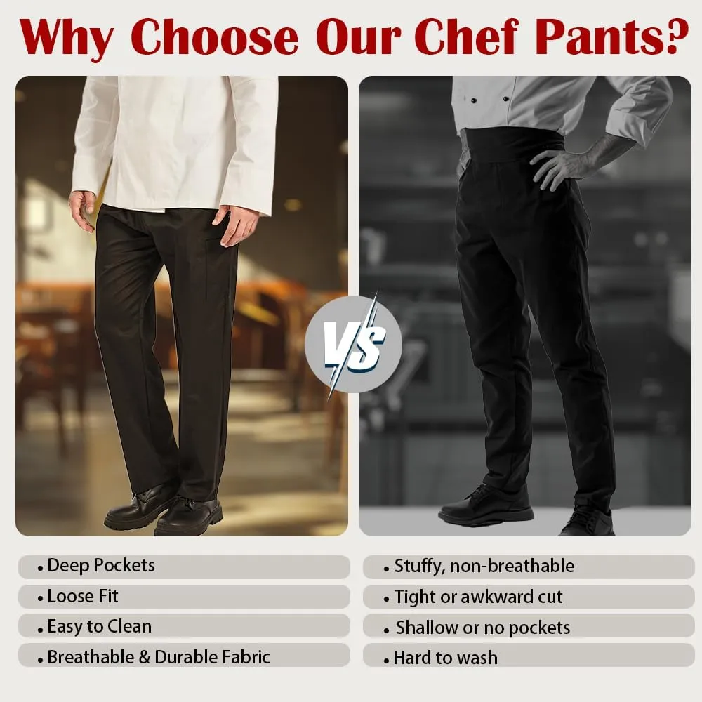 Men's 3-Pack Chef Pants - Lightweight Elastic Waist Work Pants for Kitchen & Restaurant