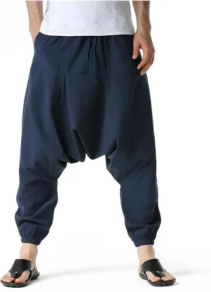 Mens Baggy Harem Pants Drawstring Waist Hippie Anime Pant Solid Color Casual Drop Crotch Wide Leg Trousers