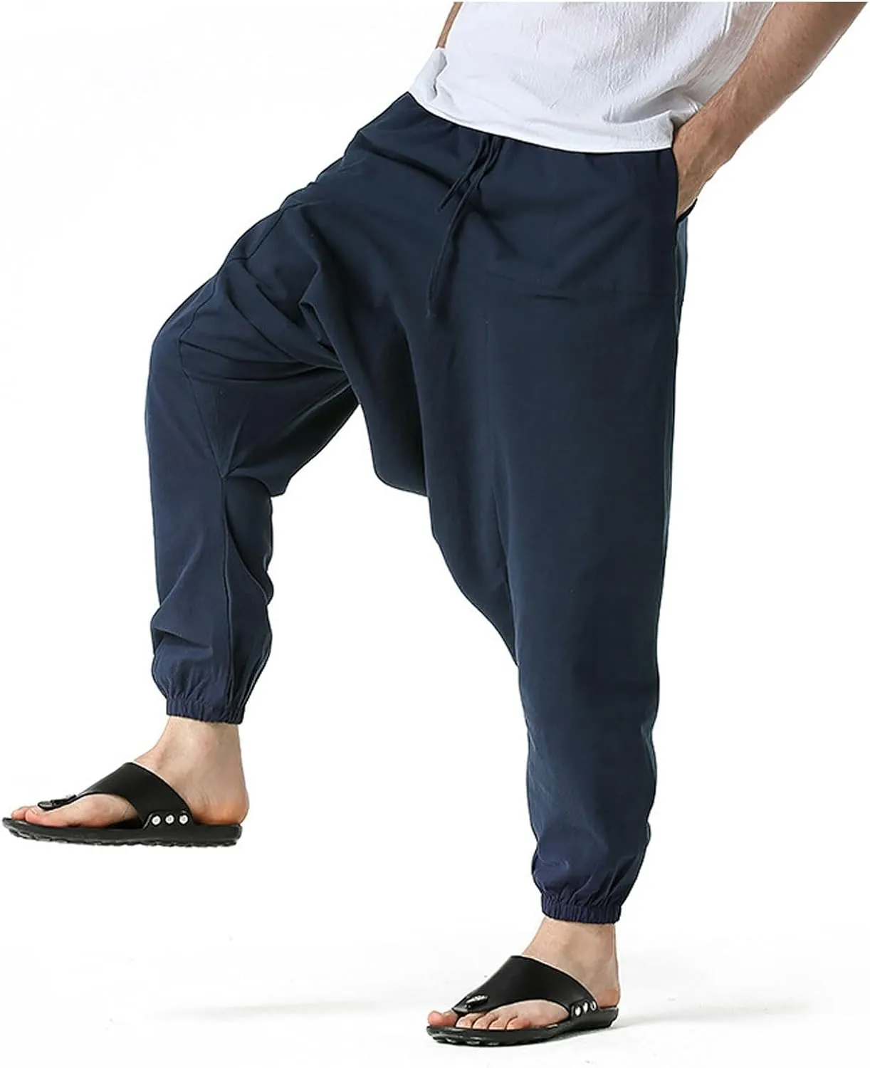 Mens Baggy Harem Pants Drawstring Waist Hippie Anime Pant Solid Color Casual Drop Crotch Wide Leg Trousers