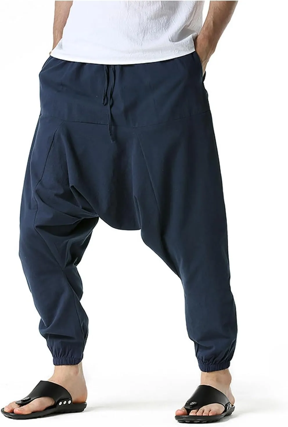 Mens Baggy Harem Pants Drawstring Waist Hippie Anime Pant Solid Color Casual Drop Crotch Wide Leg Trousers