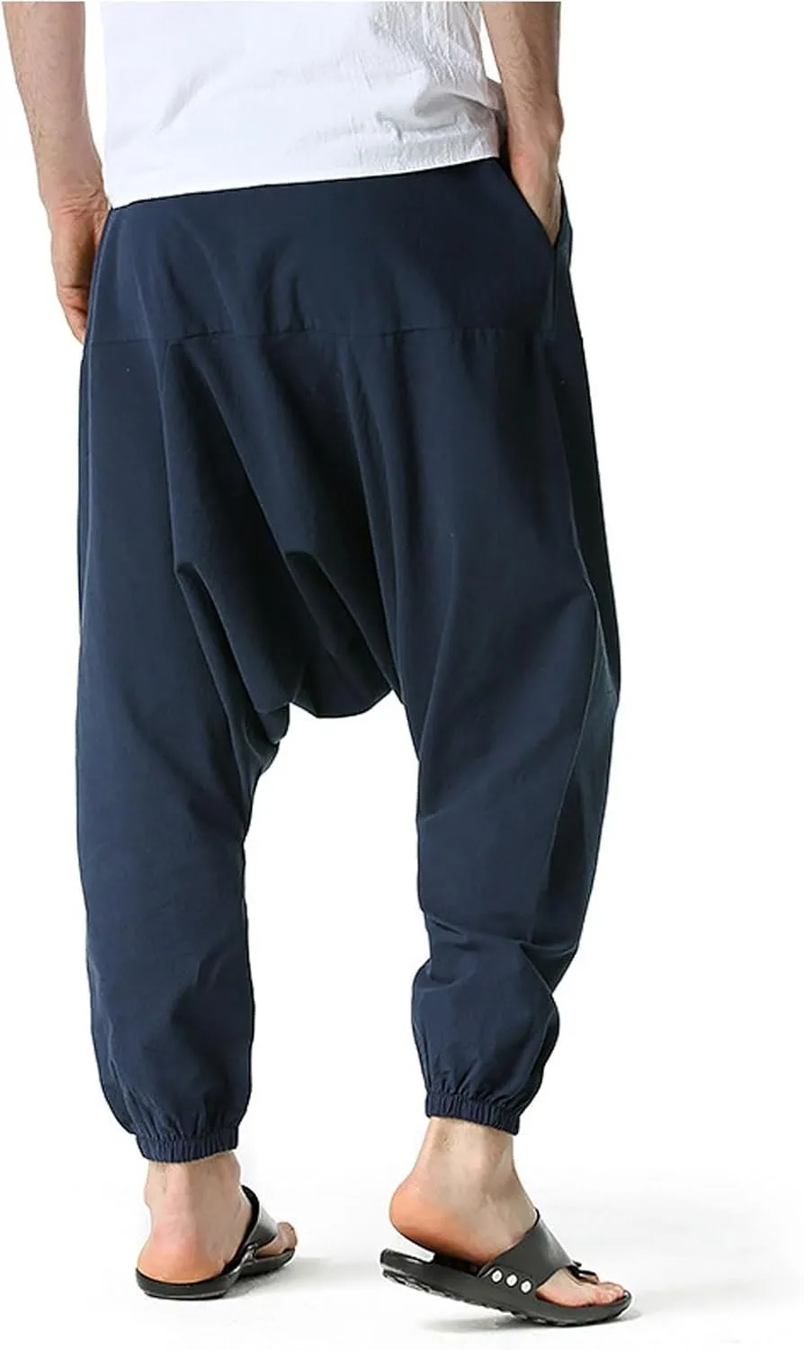 Mens Baggy Harem Pants Drawstring Waist Hippie Anime Pant Solid Color Casual Drop Crotch Wide Leg Trousers