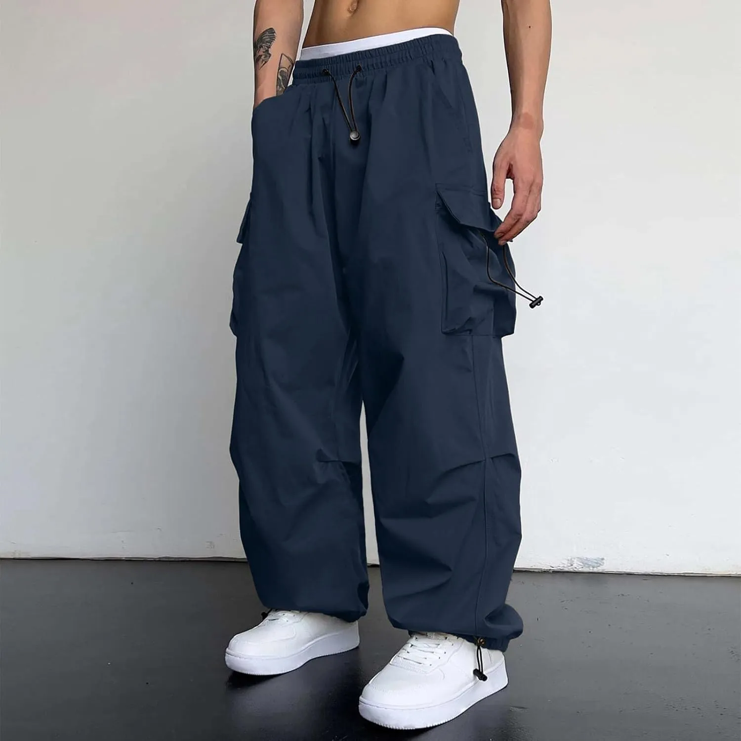Mens Cargo Pants Loose Fit Casual Joggers Drawstring Waist Cargo Chino Pant with Pockets