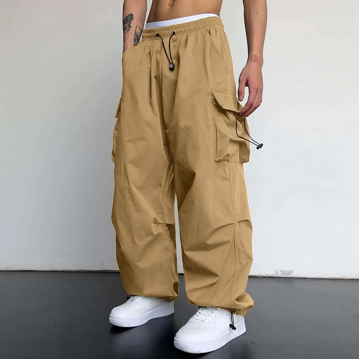 Mens Cargo Pants Loose Fit Casual Joggers Drawstring Waist Cargo Chino Pant with Pockets