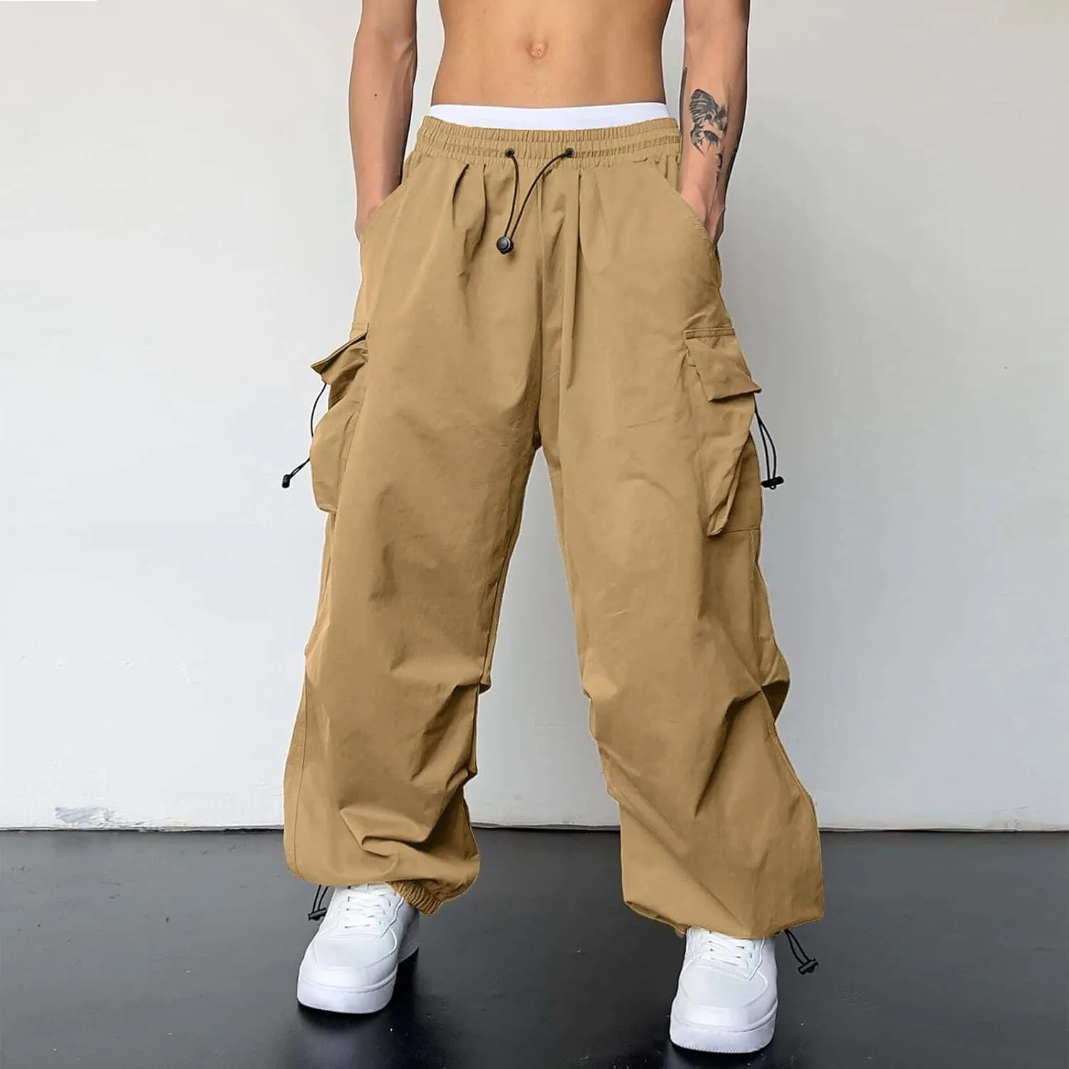 Mens Cargo Pants Loose Fit Casual Joggers Drawstring Waist Cargo Chino Pant with Pockets