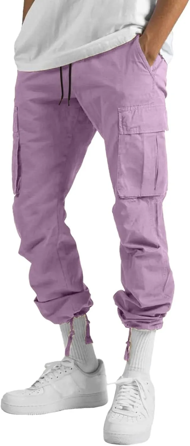 Men's Casual Cargo Pants Elastic Waist Joggers Relaxed Fit Work Overalls Hiking Hunting Streetwear Trousers