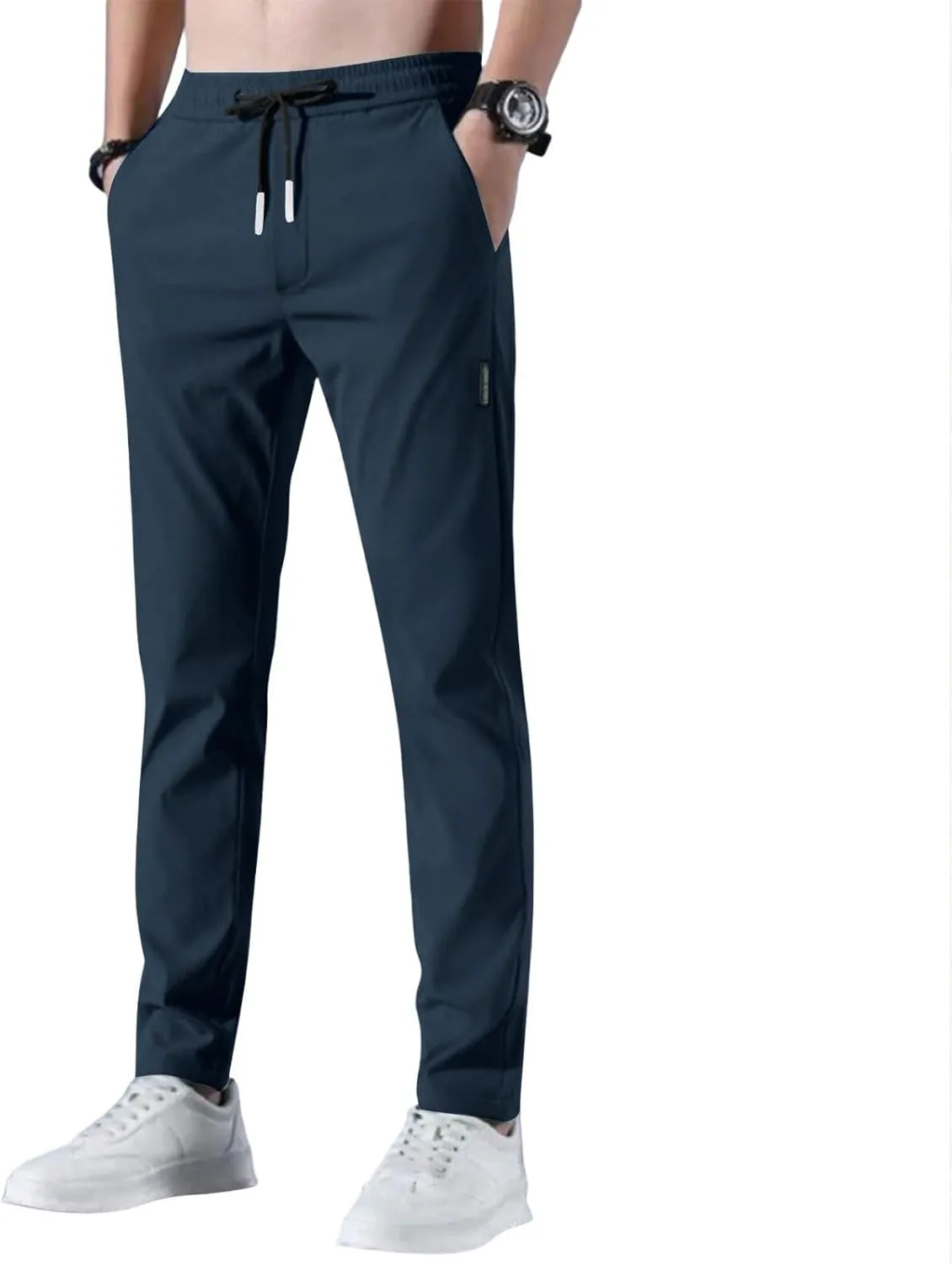 Men's Casual Pants Cotton Twill Drawstring Elastic Waist Chino Pants with Pockets