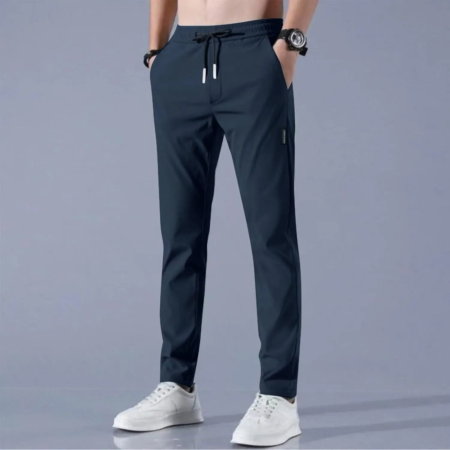 Men's Casual Pants Cotton Twill Drawstring Elastic Waist Chino Pants with Pockets