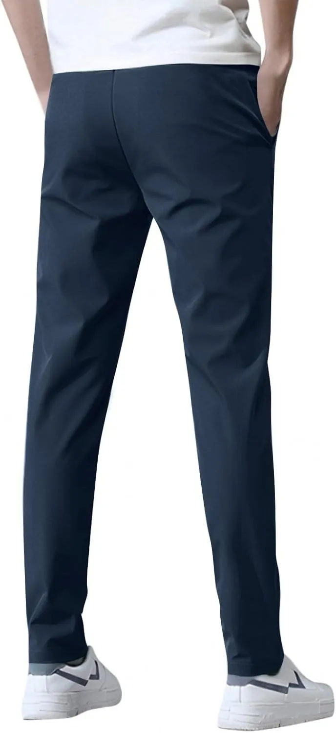 Men's Casual Pants Cotton Twill Drawstring Elastic Waist Chino Pants with Pockets