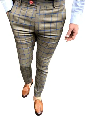 Mens Casual Pants Slim Fit Stretch Skinny Flat-Front Striped Plaid Dress Pants Stylish Checkered Business Chinos Trousers Khaki