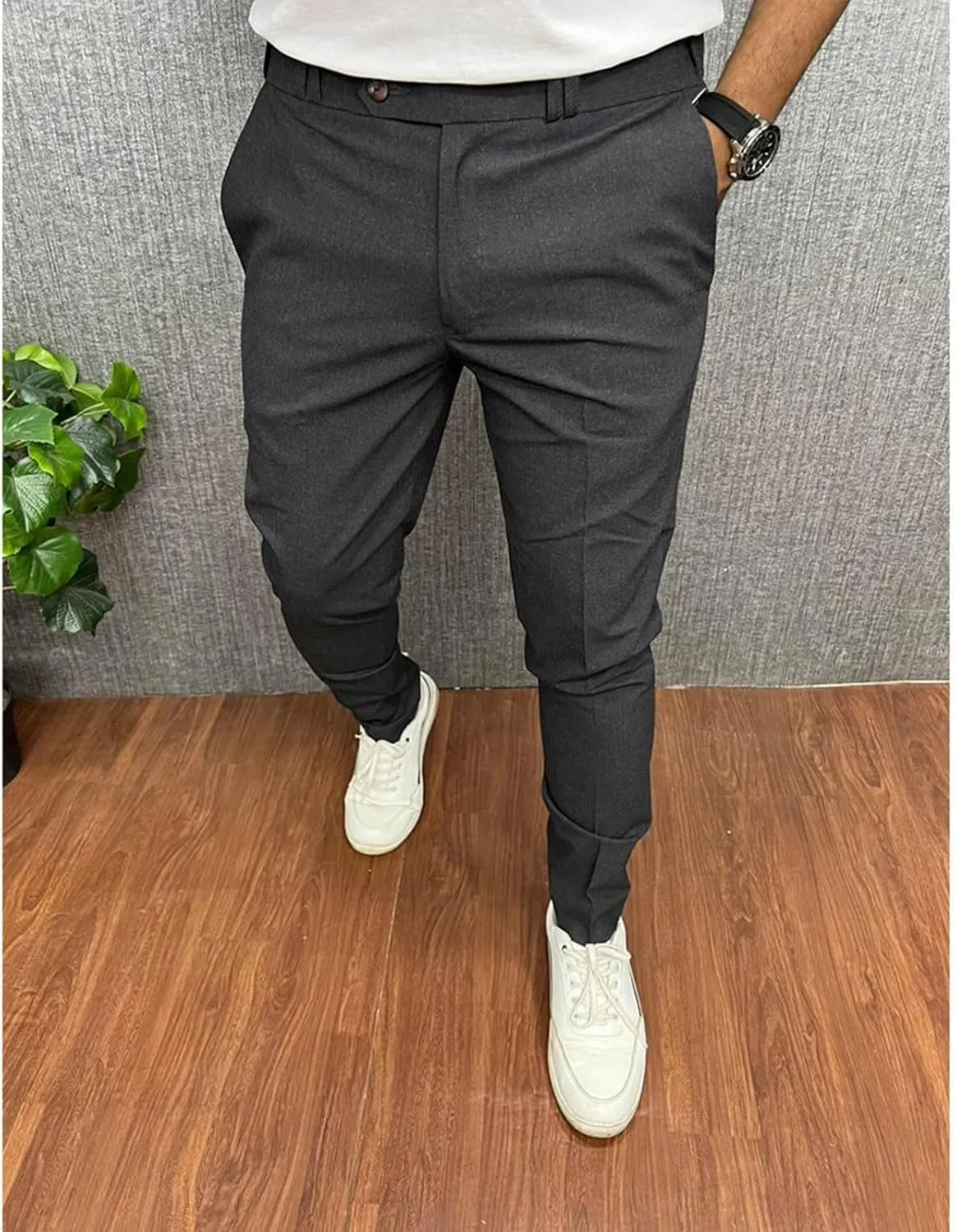 Mens Classic Stretch Flat Front Dress Pants Slim Fit Lightweigh Business Suit Trousers Daliy Streetwear with Pockets